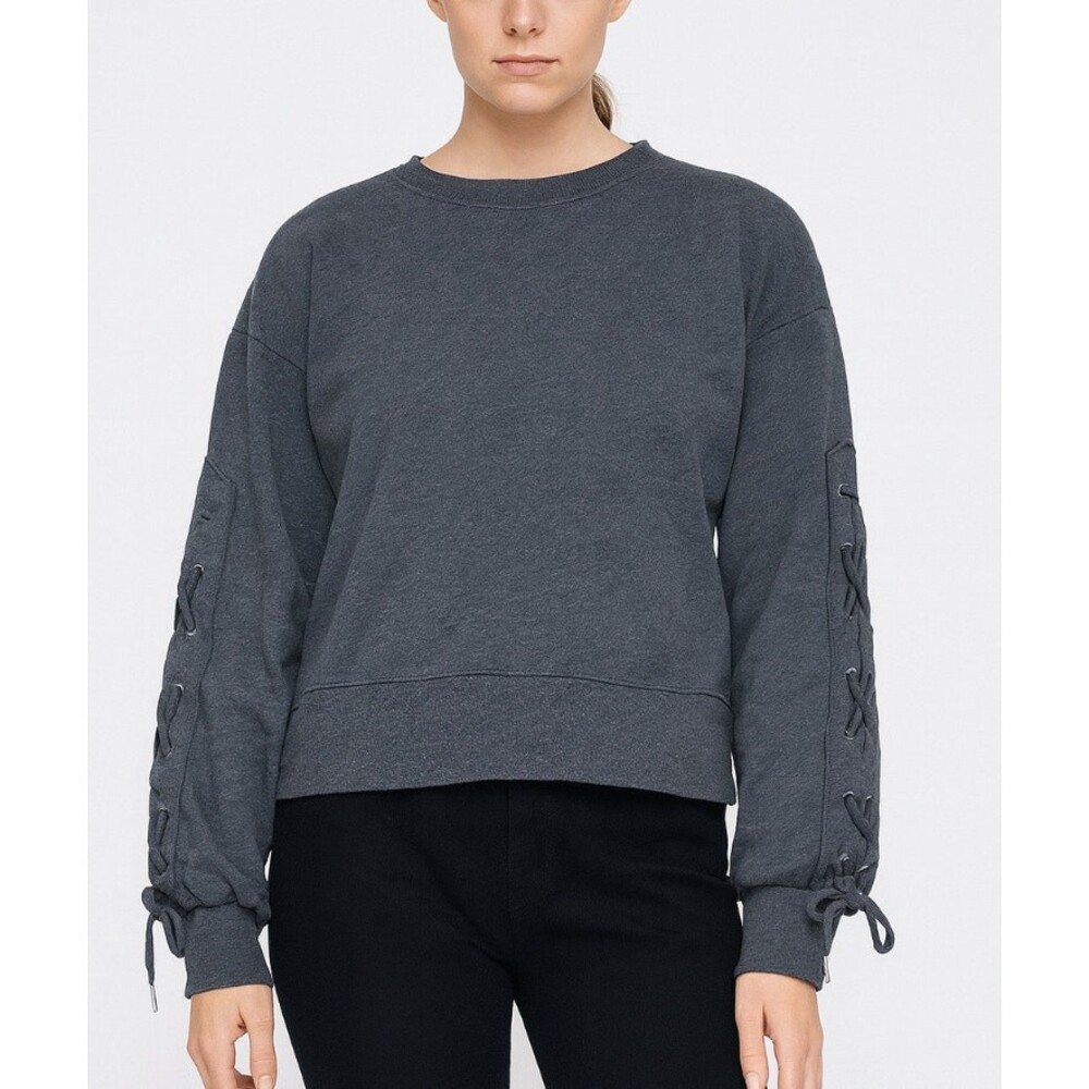 GAP sweatshirt lace up sleeve gray grey boxy crew neck semi-cropped SZ LG